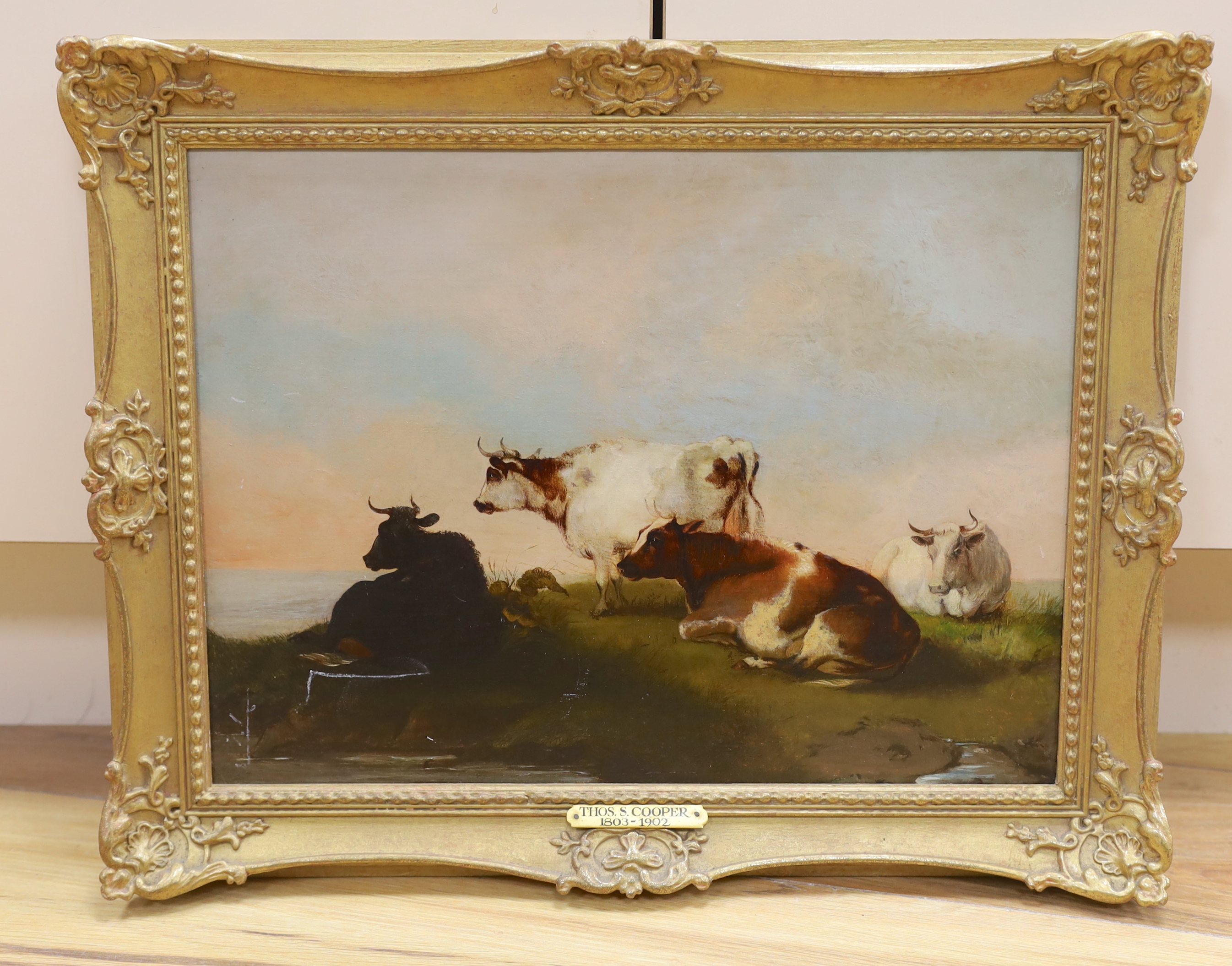 Manner of Thomas Sidney Cooper (1803-1902), oil on board, Cattle before landscape, unsigned, applied plaque to the frame, 29 x 39cm